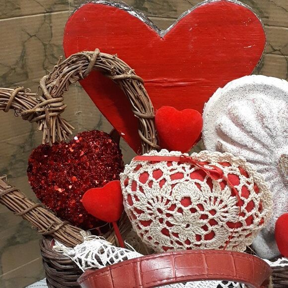 Hand made" Be Mine" basket vintage stick heart, paper mache heart, & red heart. - Picture 2 of 6